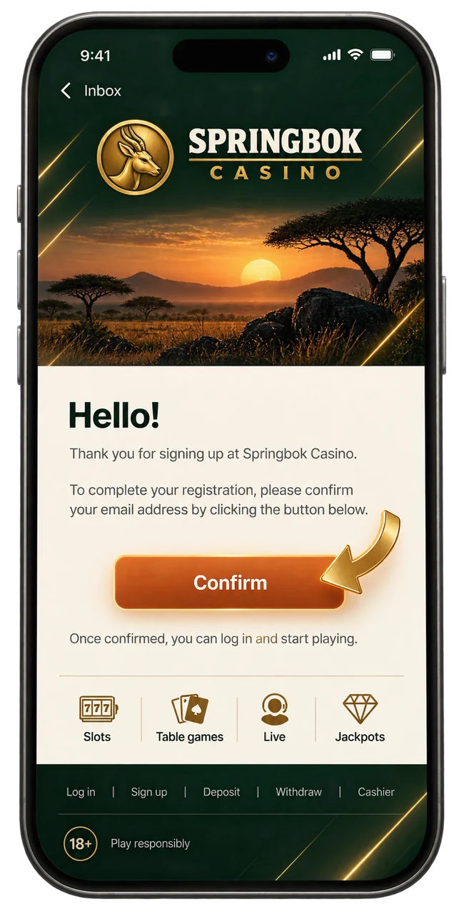 Confirmation email on a phone with a highlighted confirm button